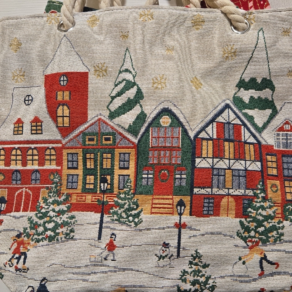 Festive Holiday Tote Bag with Colorful Village Scene